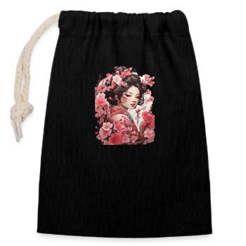 Frau im Kimono mit Mustern aus Kirsch- und Pflaume - Verschließbarer Geschenkbeutel aus Baumwolle (14x20cm) - Schwarz - Vorne