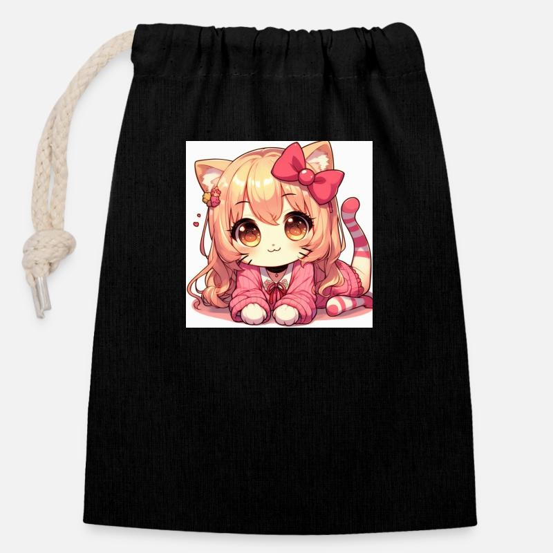 chat manga - Sac cadeau en coton avec cordon (14 x 20 cm) - noir