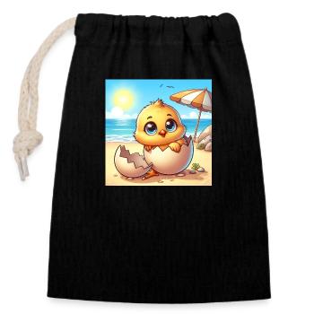 Un poussin sucré éclot de l’œuf sur la plage - Sac cadeau en coton avec cordon (14 x 20 cm) - noir - Devant