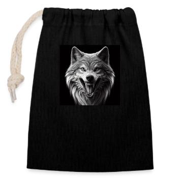 Wolf Hyperrealism 3D Gray on Black - Closable cotton gift bag (14x20cm) - black - Front