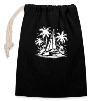 Palm trees with double hull catamaran sailboat - Closable cotton gift bag (14x20cm) - black - Front