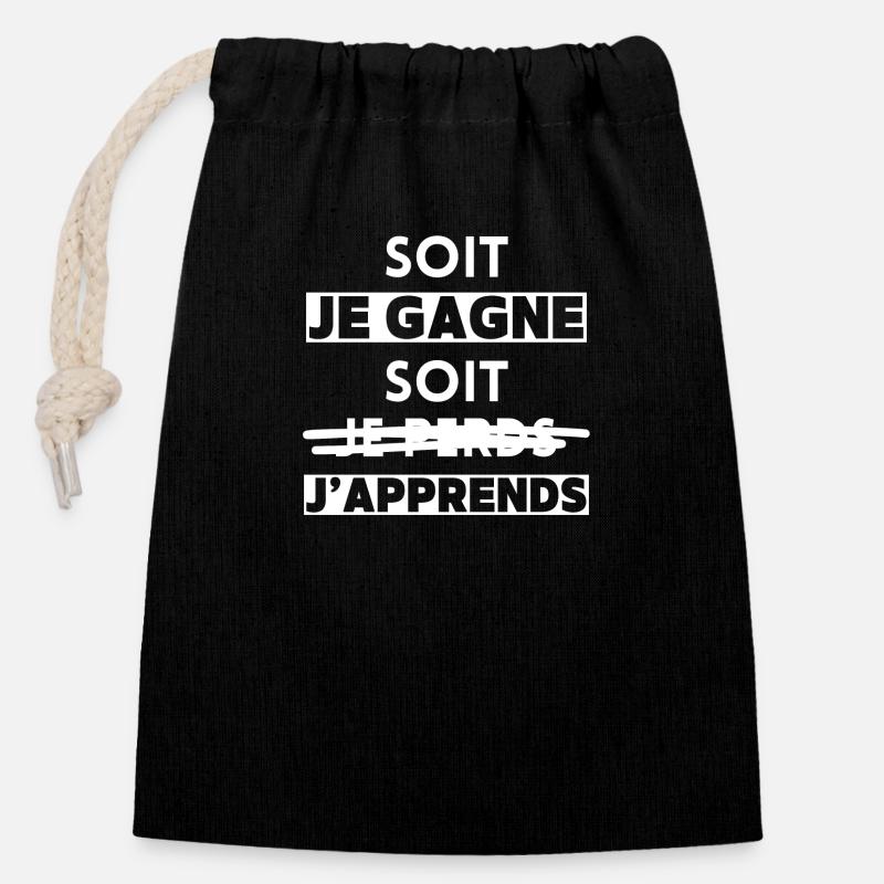 Soit je gagne, soit j'apprends - Sac cadeau en coton avec cordon (14 x 20 cm) - noir