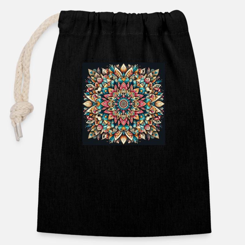 Conception de Mandala Yoga - Sac cadeau en coton avec cordon (14 x 20 cm) - noir