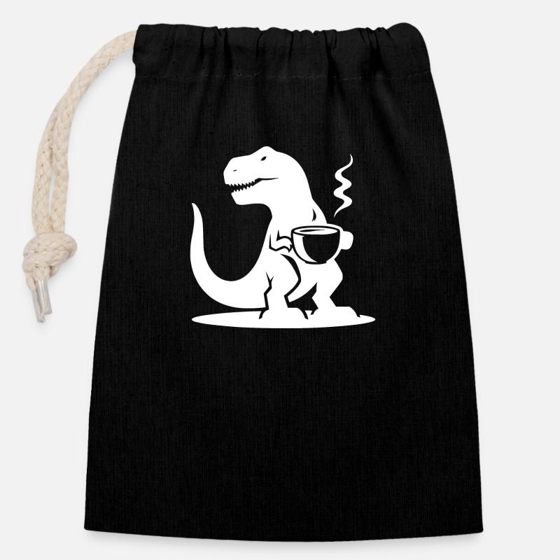 T-Rex with Coffee Cup Evil Caffeine Dinosaur - Closable cotton gift bag (14x20cm) - black