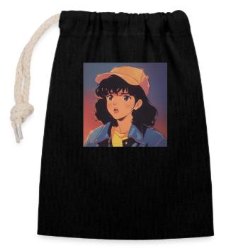 80s anime girl calming high quality fashion print - Closable cotton gift bag (14x20cm) - black - Front