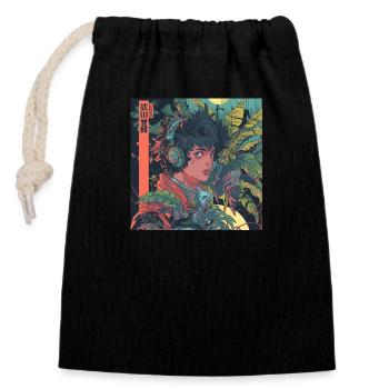 80er Jahre Anime Plantlover Musik hören Drucken - Verschließbarer Geschenkbeutel aus Baumwolle (14x20cm) - Schwarz - Vorne