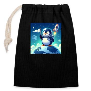 Pingouin dans l’espace - Sac cadeau en coton avec cordon (14 x 20 cm) - noir - Devant
