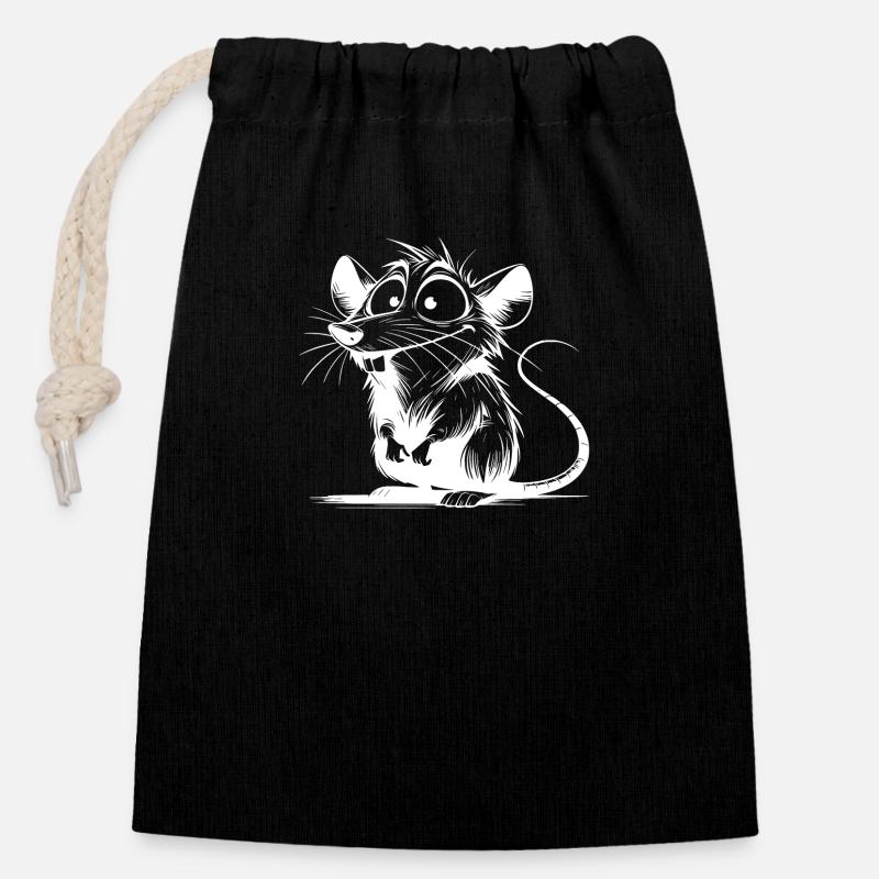 Cuddly house rat with big eyes and ears - Closable cotton gift bag (14x20cm) - black