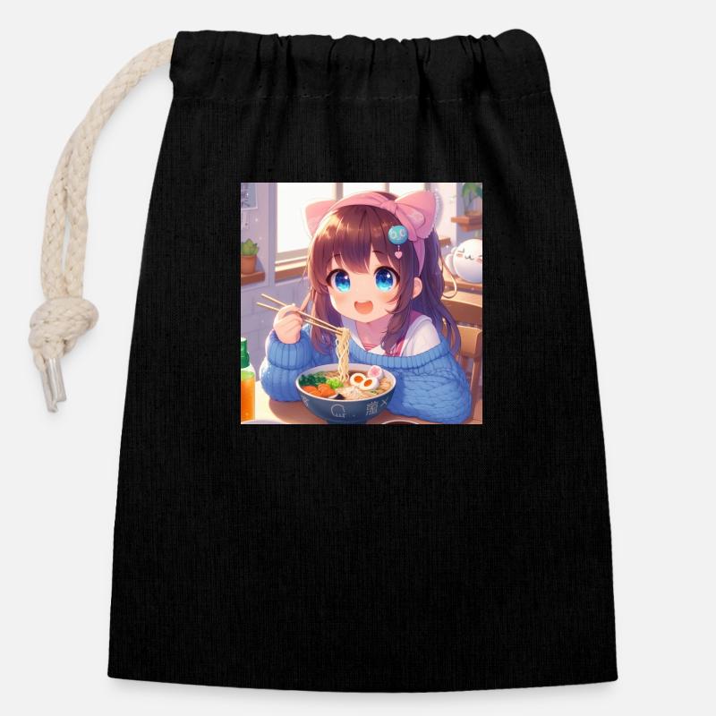 Japanisches Anime-Mädchen isst Ramen - Verschließbarer Geschenkbeutel aus Baumwolle (14x20cm) - Schwarz