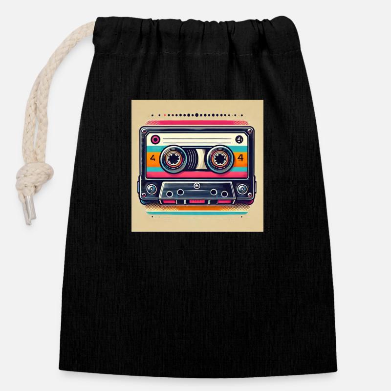 Retro Kassette - Verschließbarer Geschenkbeutel aus Baumwolle (14x20cm) - Schwarz