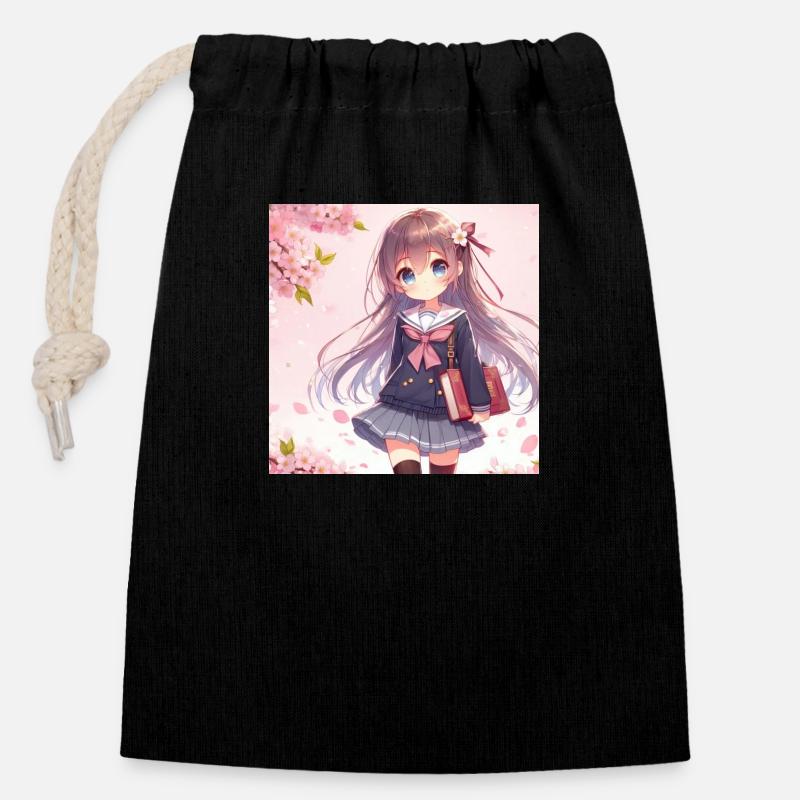 Fille dessins animés japonais mangas - Sac cadeau en coton avec cordon (14 x 20 cm) - noir