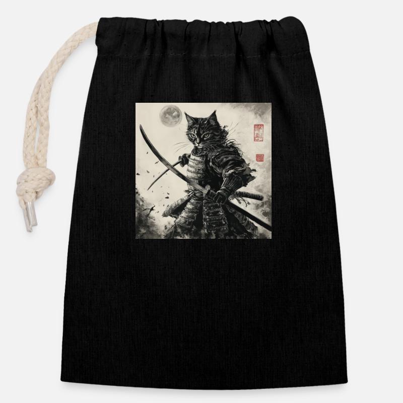 Chat Samouraï Japon Ukiyo-E - Sac cadeau en coton avec cordon (14 x 20 cm) - noir