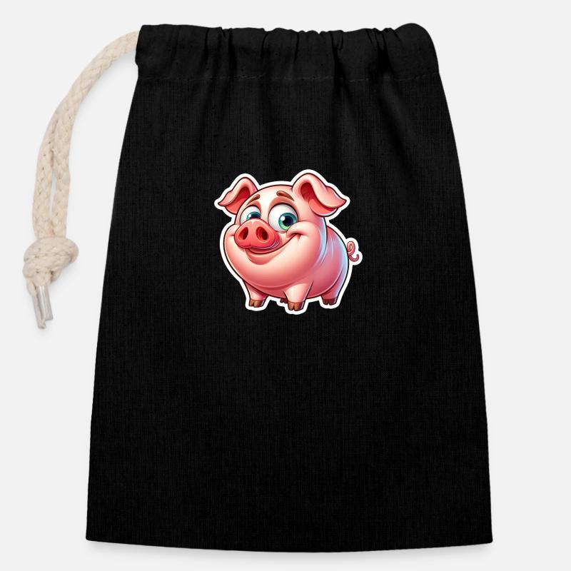Cochon / Cochon - Sac cadeau en coton avec cordon (14 x 20 cm) - noir