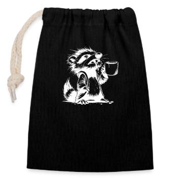 Waschbär mit Kaffeetasse extrem müde Zeichnung - Verschließbarer Geschenkbeutel aus Baumwolle (14x20cm) - Schwarz - Vorne