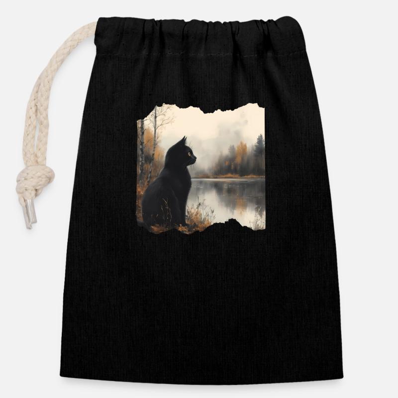 Chat Noir - Sac cadeau en coton avec cordon (14 x 20 cm) - noir