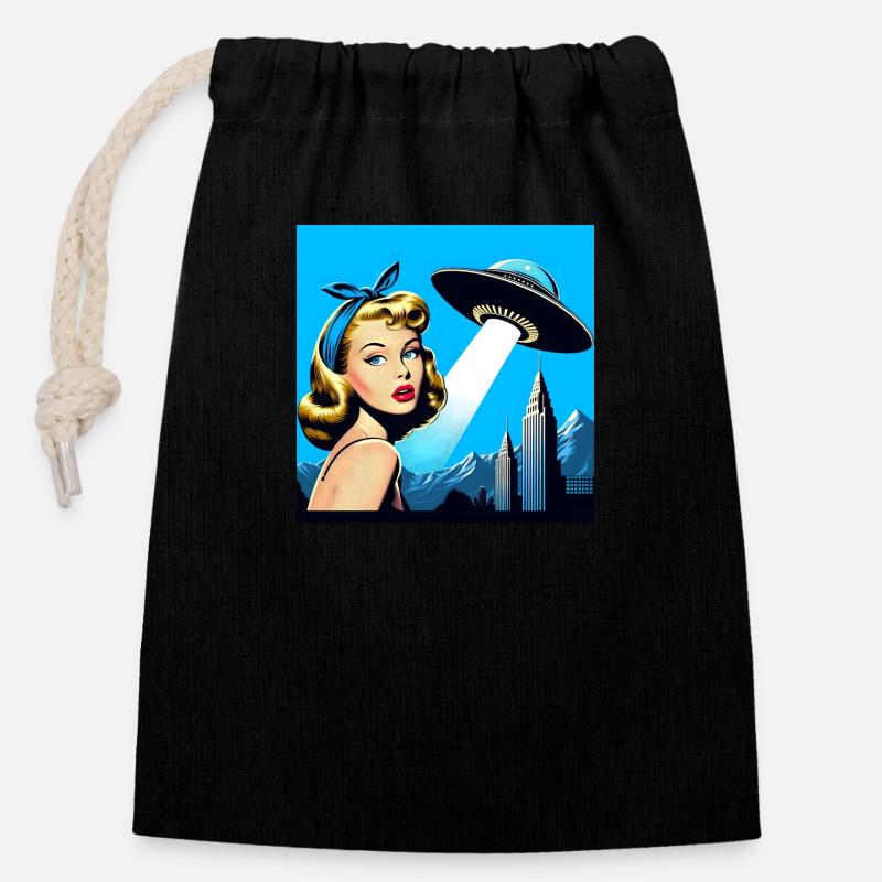 La fille et le vaisseau spatial - Sac cadeau en coton avec cordon (14 x 20 cm) - noir