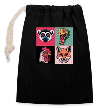 Pop Art Snake Fox Rooster Lemur - Closable cotton gift bag (14x20cm) - black - Front