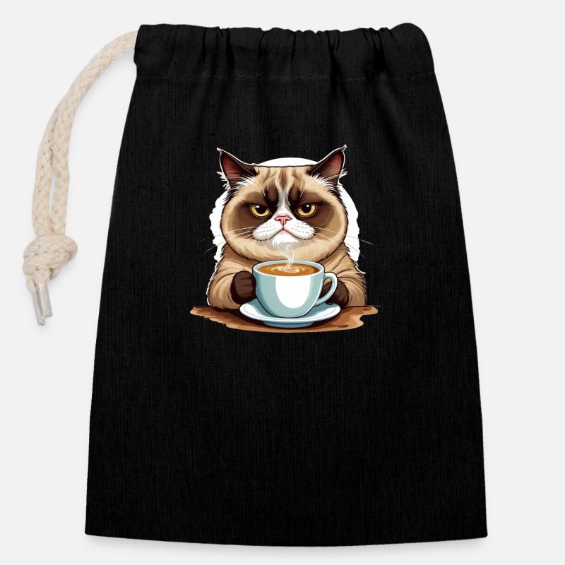 Grumpy Morning Cat - Verschließbarer Geschenkbeutel aus Baumwolle (14x20cm) - Schwarz