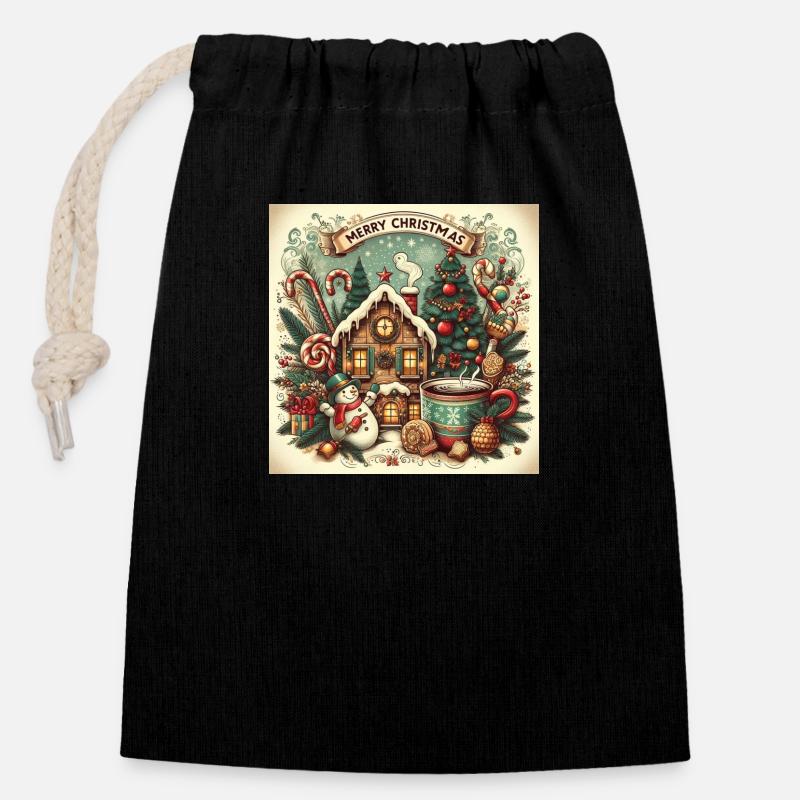 Design de Noël nostalgique - Sac cadeau en coton avec cordon (14 x 20 cm) - noir