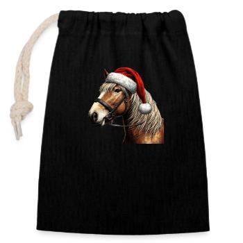 Cheval de Noël avec chapeau de Noël - Sac cadeau en coton avec cordon (14 x 20 cm) - noir - Devant