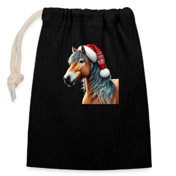 Cheval de Noël avec chapeau de Noël - Sac cadeau en coton avec cordon (14 x 20 cm) - noir - Devant