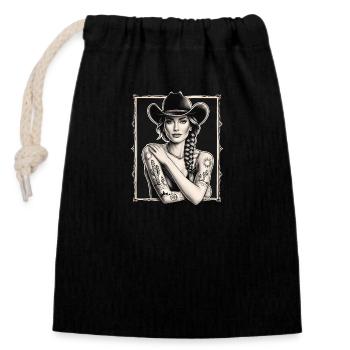 Femme en chapeau de cow-boy avec des tatouages - Sac cadeau en coton avec cordon (14 x 20 cm) - noir - Devant