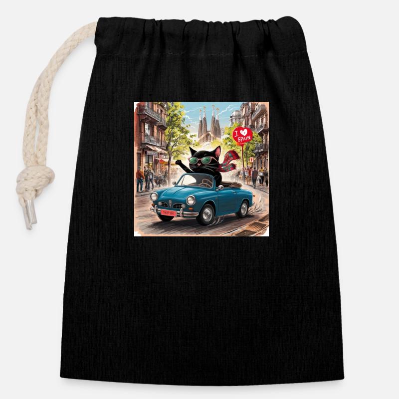 Chat en tournée - J’adore l’Espagne ! -Barcelone - Sac cadeau en coton avec cordon (14 x 20 cm) - noir