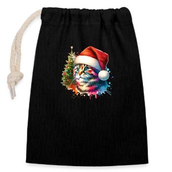 Chat mignon Noël - Sac cadeau en coton avec cordon (14 x 20 cm) - noir - Devant