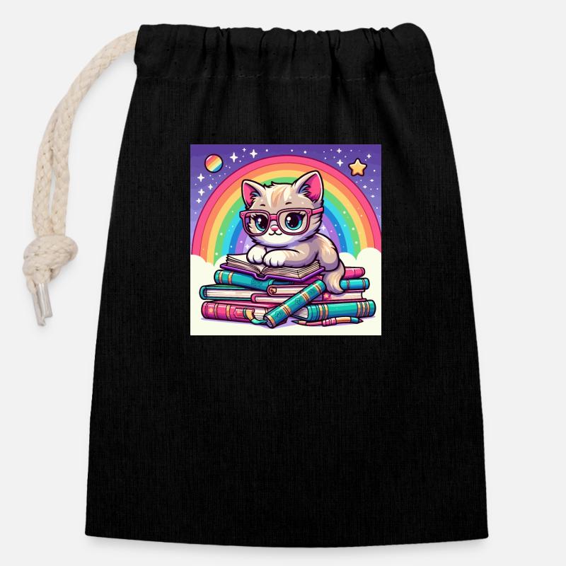 Süße Katze liest Bücher unter dem Regenbogen - Verschließbarer Geschenkbeutel aus Baumwolle (14x20cm) - Schwarz