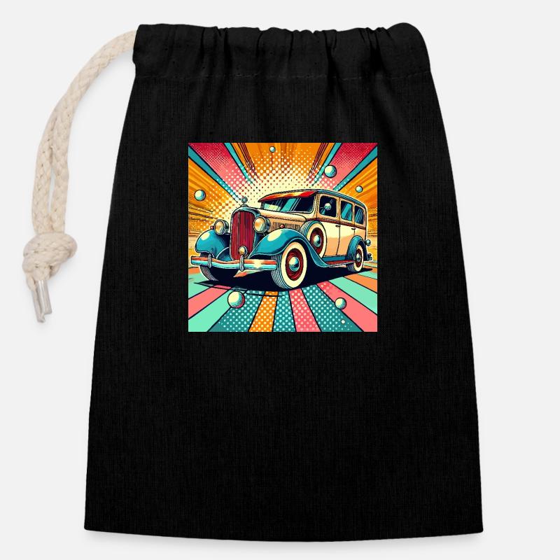 Voiture rétro dans le style pop art - Sac cadeau en coton avec cordon (14 x 20 cm) - noir