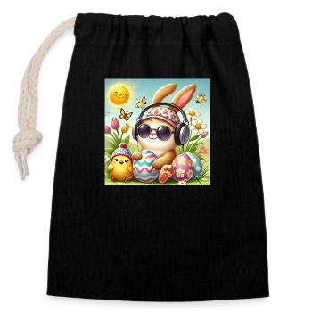 Le lapin de Pâques écoute de la musique - Sac cadeau en coton avec cordon (14 x 20 cm) - noir - Devant
