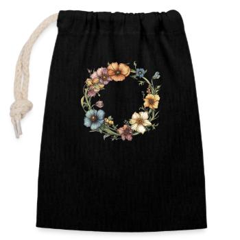Couronne de fleurs - Sac cadeau en coton avec cordon (14 x 20 cm) - noir - Devant