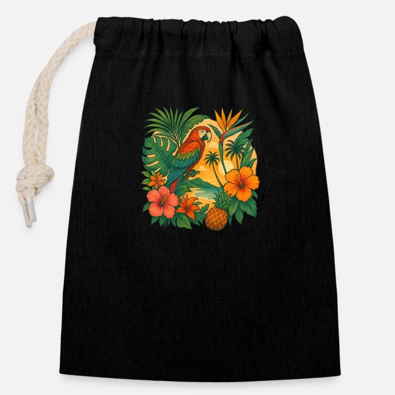Tropical Collage - Sac cadeau en coton avec cordon (14 x 20 cm) - noir