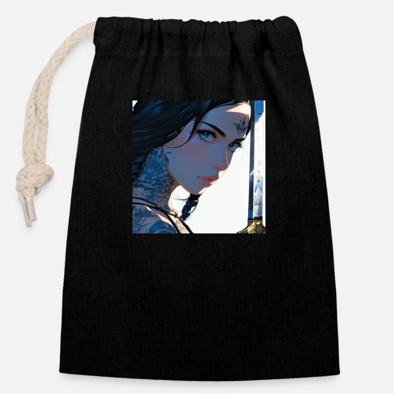 N-dless Nights : Fille Anime tatouée avec une épée - Sac cadeau en coton avec cordon (14 x 20 cm) - noir