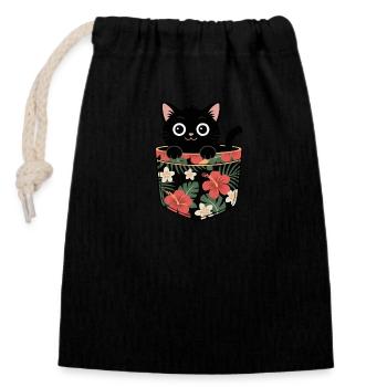 Cute Black Cat in Tropical Pocket Design - Closable cotton gift bag (14x20cm) - black - Front