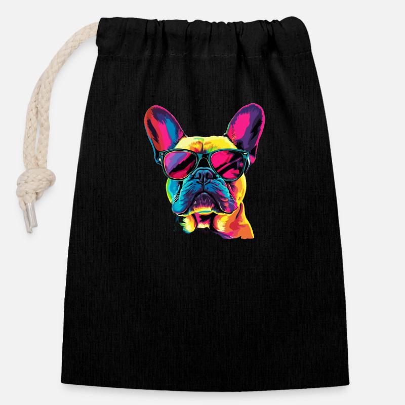 Bouledogue français - Sac cadeau en coton avec cordon (14 x 20 cm) - noir