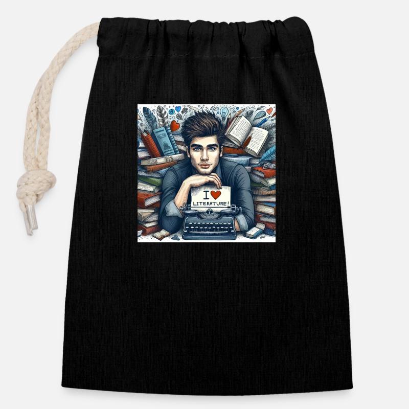 J’adore la littérature - Sac cadeau en coton avec cordon (14 x 20 cm) - noir