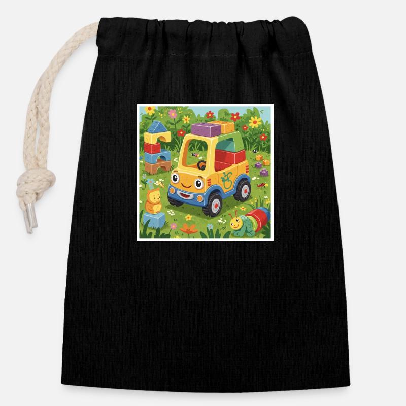 Camion jouet coloré dans le jardin - Sac cadeau en coton avec cordon (14 x 20 cm) - noir