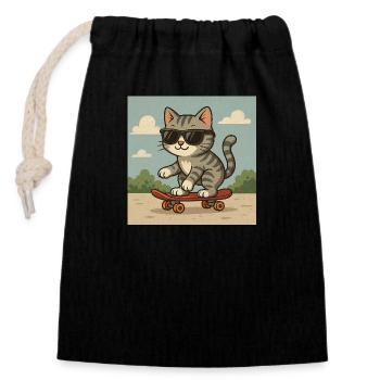 Cool cat on skateboard - Closable cotton gift bag (14x20cm) - black - Front