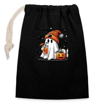 Fantôme douillet avec boisson à la citrouille - Doux motif d’Halloween - Sac cadeau en coton avec cordon (14 x 20 cm) - noir - Devant