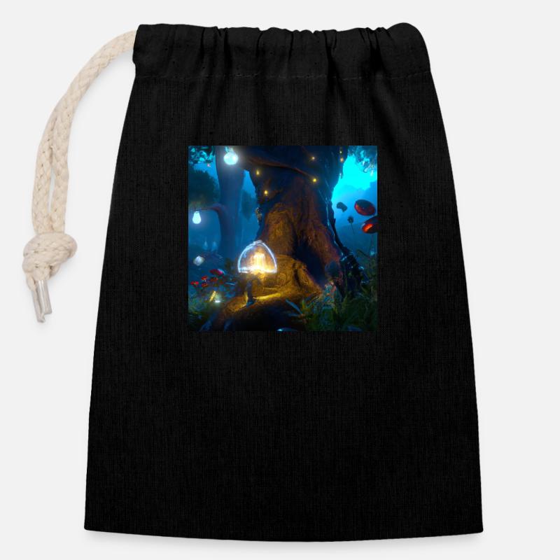 Forêt magique - Sac cadeau en coton avec cordon (14 x 20 cm) - noir