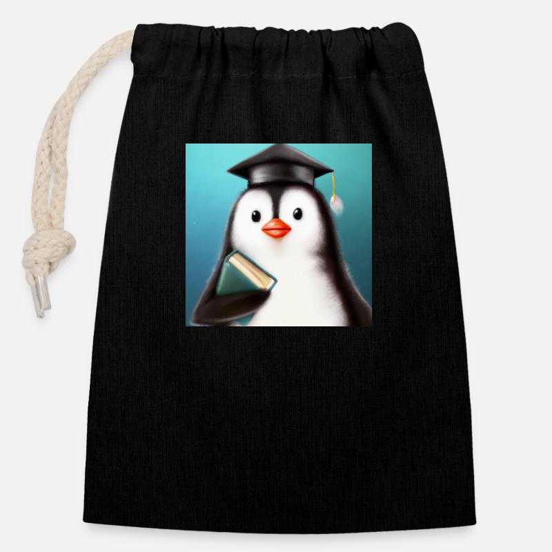 Penguin Graduate - Closable cotton gift bag (14x20cm) - black