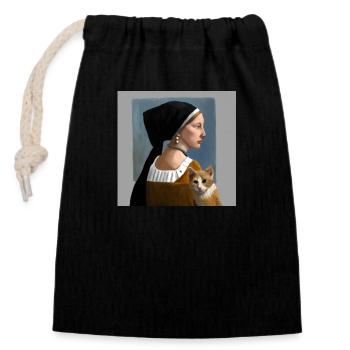Katze mit Dame in Gemälde im Johannes Vermeer Stil - Verschließbarer Geschenkbeutel aus Baumwolle (14x20cm) - Schwarz - Vorne