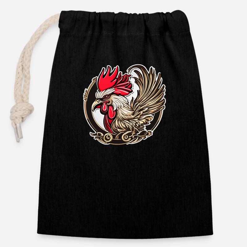 Coq de la chance - Sac cadeau en coton avec cordon (14 x 20 cm) - noir
