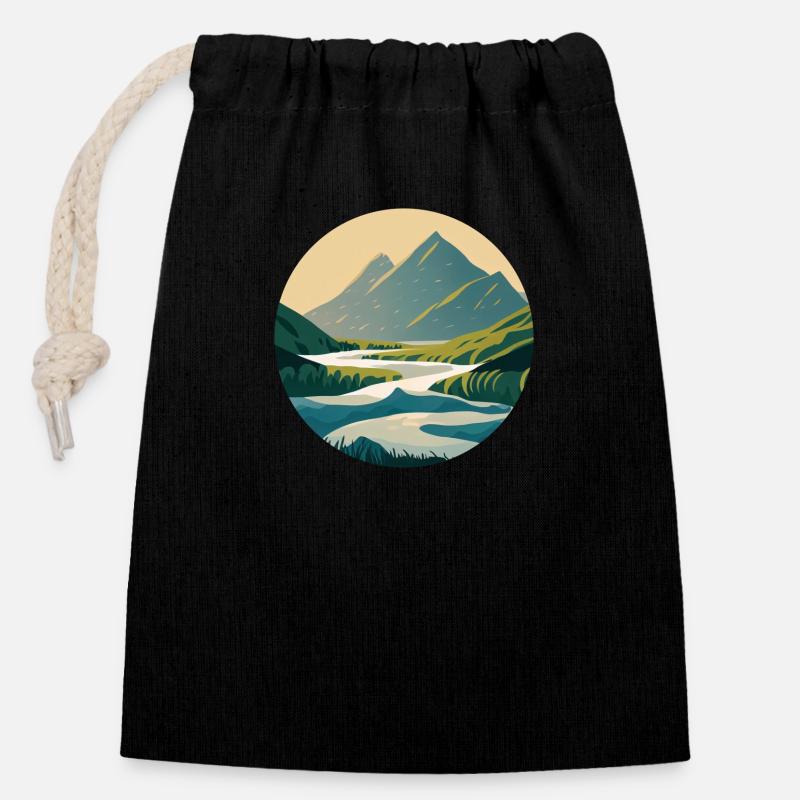 Mountains with River Nature Illustration/Grafik - Closable cotton gift bag (14x20cm) - black