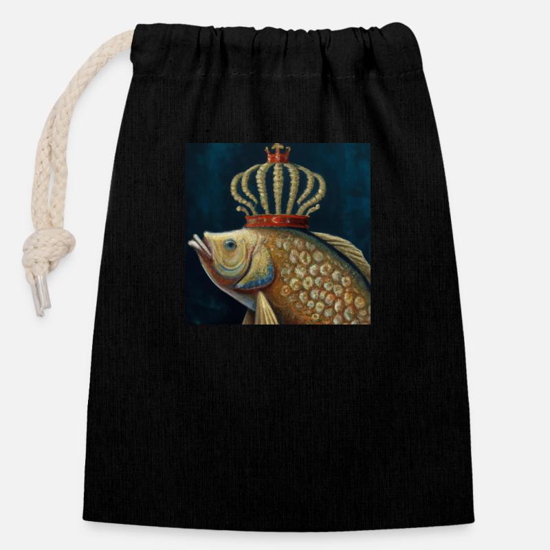 Poisson rouge couronné - Sac cadeau en coton avec cordon (14 x 20 cm) - noir