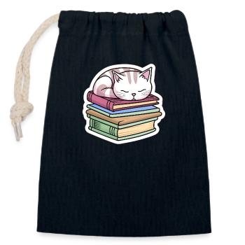 Sleeping Book Cat - Closable cotton gift bag (14x20cm) - navy - Front