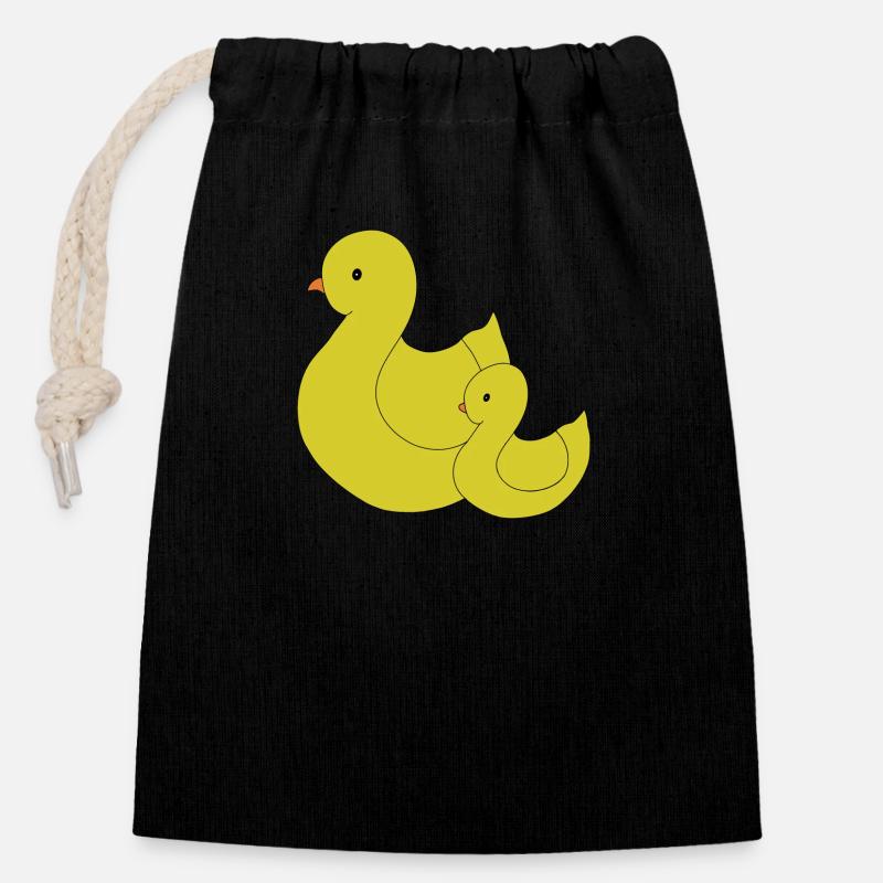 Maman canard et bébé - Sac cadeau en coton avec cordon (14 x 20 cm) - noir