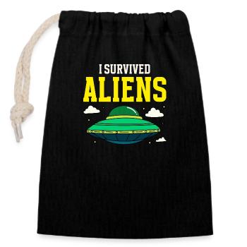 Ich habe Aliens Retro Flying Saucer überlebt - Verschließbarer Geschenkbeutel aus Baumwolle (14x20cm) - Schwarz - Vorne