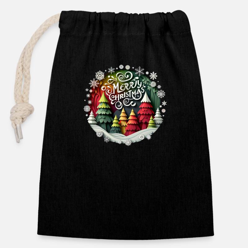 Festive theme "Merry Christmas" - Closable cotton gift bag (14x20cm) - black